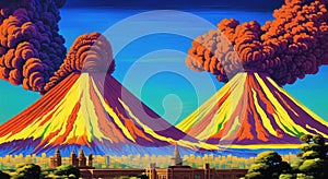 Volcanic eruption smoke landscape digital painting illustation. Ai generated for kids books