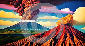 Volcanic eruption smoke landscape digital painting illustation. Ai generated for kids books