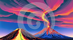 Volcanic eruption smoke landscape digital painting illustation. Ai generated for kids books