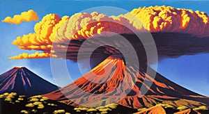 Volcanic eruption smoke landscape digital painting illustation. Ai generated for kids books