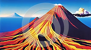 Volcanic eruption smoke landscape digital painting illustation. Ai generated for kids books