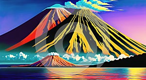 Volcanic eruption smoke landscape digital painting illustation. Ai generated for kids books