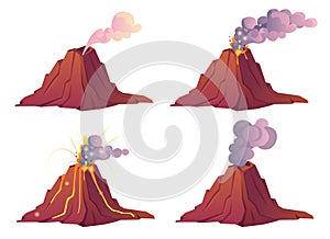 Volcanic eruption stages with lava, fire and smoke