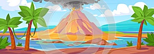 Volcanic eruption on a tropical island. Game background with a volcano explosion