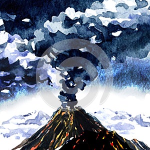 Volcanic eruption, volcano erupt, mountain with smoke cloud, volcanic activity with magma, hand drawn watercolor