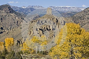 Volcanic formations and golden cottonwoods