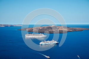 Volcanic island and cruise ships, Santorini, Greece