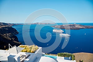 Volcanic island and cruise ships, Santorini, Greece