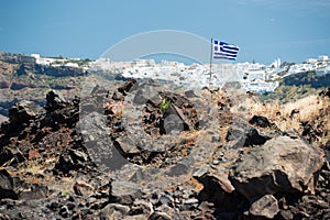 Volcanic island Nea Kameni, Santorini in background, Greece