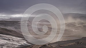 Volcanic landscape during ash storm on the Fimmvorduhals hiking trail. Iceland. Up to 30 miter per second