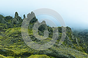 Volcanic landscape in fog, south coast Iceland.