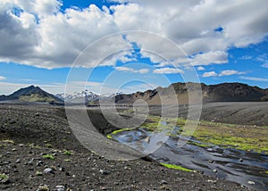 Volcanic landscape with glacial river running from Myrdalsjokull glacier, Hvanngil, Laugavegur Trail, highlands of Iceland