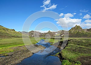 Volcanic landscape with glacial river running from Myrdalsjokull glacier, Hvanngil, Laugavegur Trail, highlands of Iceland