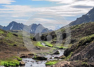 Volcanic landscape with glacial river running from Myrdalsjokull glacier, Hvanngil, Laugavegur Trail, highlands of Iceland