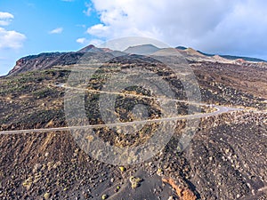 Volcanic landscape with lighthouse and salt production facility. La Palma island, aerial view