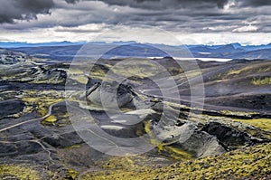 Volcanic landscape with mountains and volcano craters, Iceland