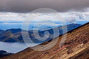 Volcanic landscape and ocean view at Tongariro, New Zealand