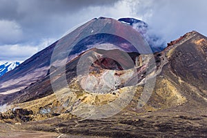 Volcanic landscape with Red crater and Mt Ngauruhoe, Tongariro, NZ