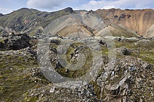 Volcanic landscape with rhyolite formations. Fjallabak. Vertical. Iceland photo