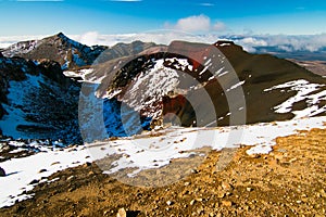 Volcanic landscape, volcanic rocks and mountains near Mt Tongariro, View of the Red Crater active volcano, Tongariro National Park