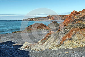 Volcanic lava formations in the border Djupalonssandur Bay, in Icelandic Snaefellsjokull National Park