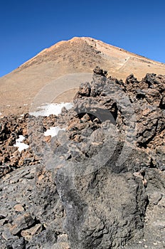 Volcanic lava landscape along the mountain path at the top of the Volcano Teide