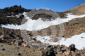 Volcanic lava landscape along the mountain path at the top of the Volcano Teide