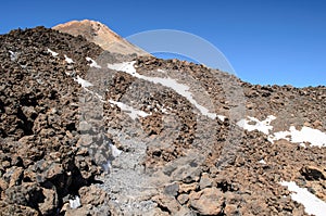 Volcanic lava landscape along the mountain path at the top of the Volcano Teide