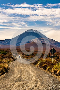 Volcanic Mt NgÄuruhoe at the end of the dirt road to the Tongariro Apline crossing carpark