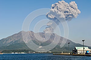 Volcanic plume rising over Sakurajima in Kagoshima, Japan