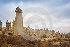 Volcanic rock formations known as Fairy Chimneys in Cappadocia, Turkey.