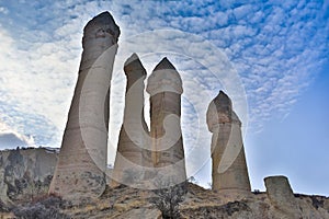 Volcanic rock formations known as Fairy Chimneys in Cappadocia, Turkey.