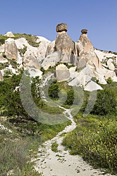 Volcanic rock formations known as fairy chimneys and extreme terrain of Cappadocia, Turkey