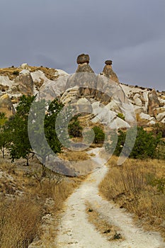 Volcanic rock formations known as fairy chimneys and extreme terrain of Cappadocia, Turkey