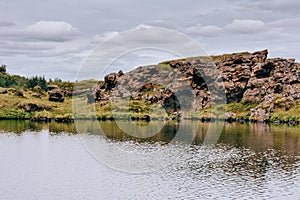 Volcanic rock formations in Lake Myvatn in Northern Iceland