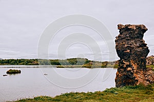 Volcanic rock formations in Lake Myvatn in Northern Iceland