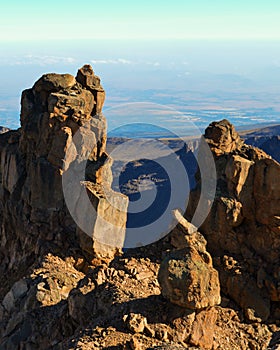 Volcanic rock formations in the panoramic mountain ranges in Mount Kenya