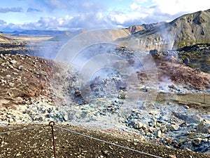 Volcanic soil emitting smoke in nature