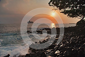 Volcanic stones of Hawaii in the sunset