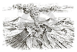Volcano activity with magma, smoke before the eruption and lava or nature disaster. for travel, adventure. mountain
