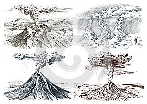 Volcano activity with magma, smoke before the eruption and lava or nature disaster. for travel, adventure. mountain