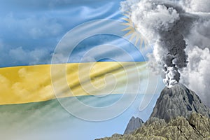 volcano blast eruption at day time with white smoke on Rwanda flag background, problems of eruption and volcanic ash concept - 3D