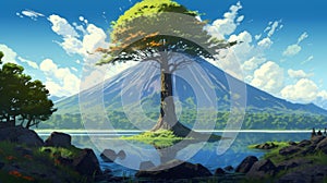 Volcano And Canopy Tree In Makoto Shinkai Style