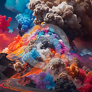 Volcano in Colorful Outburst. Vibrant Volcanic Eruption. photo
