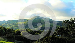 Volcano covered with vegetation, Graciosa, Azores.