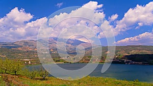 Volcano crater Birket Ram Rams pool and Mount Hermon Israel photo
