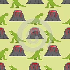 Volcano and dinosaur pattern seamless. Dino texture. Dinosaur Extinction Concept background