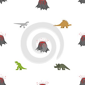 Volcano and dinosaur pattern seamless. Dino texture. Dinosaur Extinction Concept background