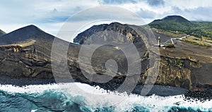 Volcano dos Capelinhos on the island Faial from drone, Panoramic view, Azores