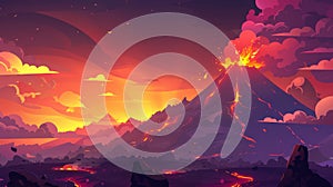 Volcano erupting with fire, lava, and smoke at sunset. Modern parallax background with cartoon landscape, rocks, and